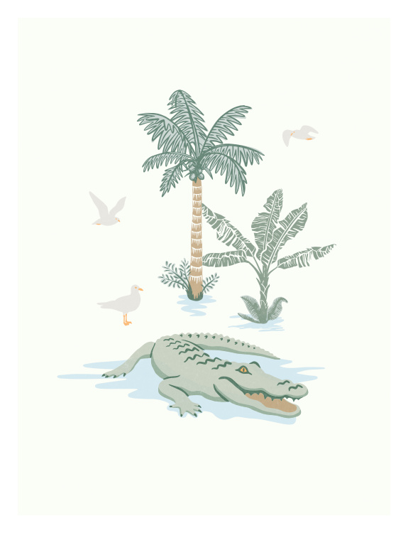 Bring a touch of tropical adventure to your child's room with Alligator Place Art Print, featuring a friendly illustrated alligator resting among lush palm trees, tropical foliage, and peaceful waterside scenery.