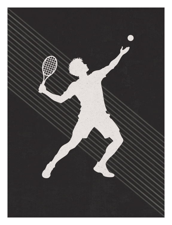 Serve up sporty style with Boys Sports Tennis Art Print, featuring a bold silhouette of a tennis player mid-serve against a textured background with dynamic diagonal stripes.