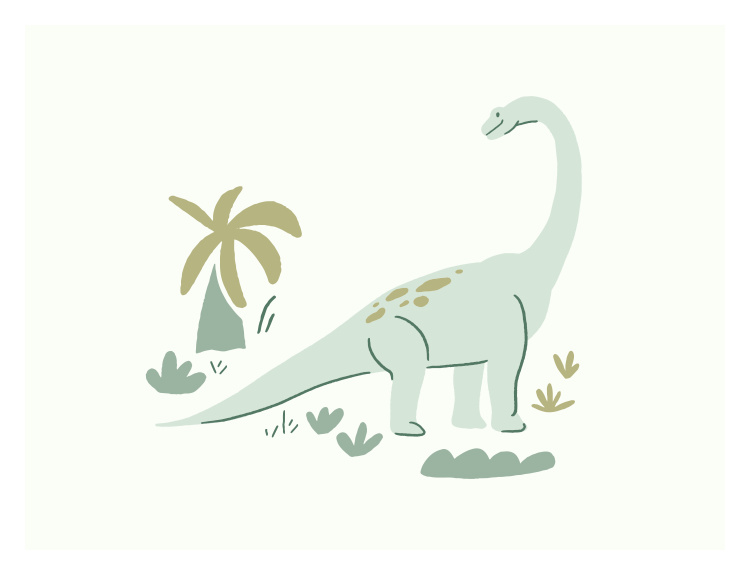 Bring prehistoric charm to your child's space with Dinosaurs Brachiosaurus Art Print, featuring a friendly brachiosaurus standing among simple plants and a tropical palm tree in a soft, modern illustration style.