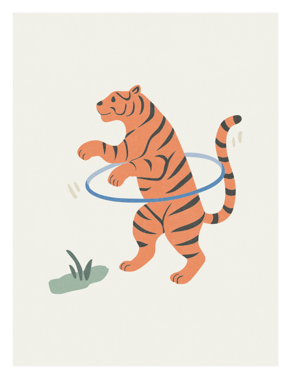 Add playful adventure to your child's room with Hula Animals Tiger Art Print, featuring a cheerful tiger twirling a hula hoop in a whimsical illustrated style.