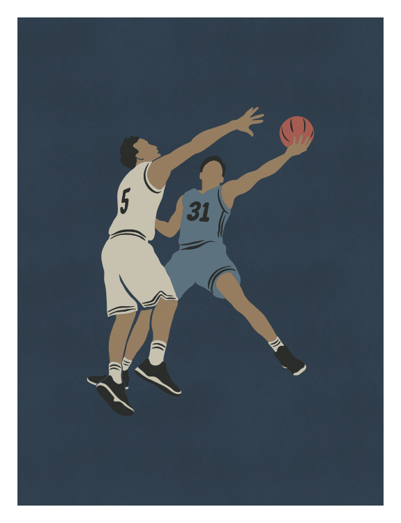 Capture the excitement of the game with On the Court Three Art Print, featuring two basketball players battling for possession in a modern minimalist illustration with bold athletic style.