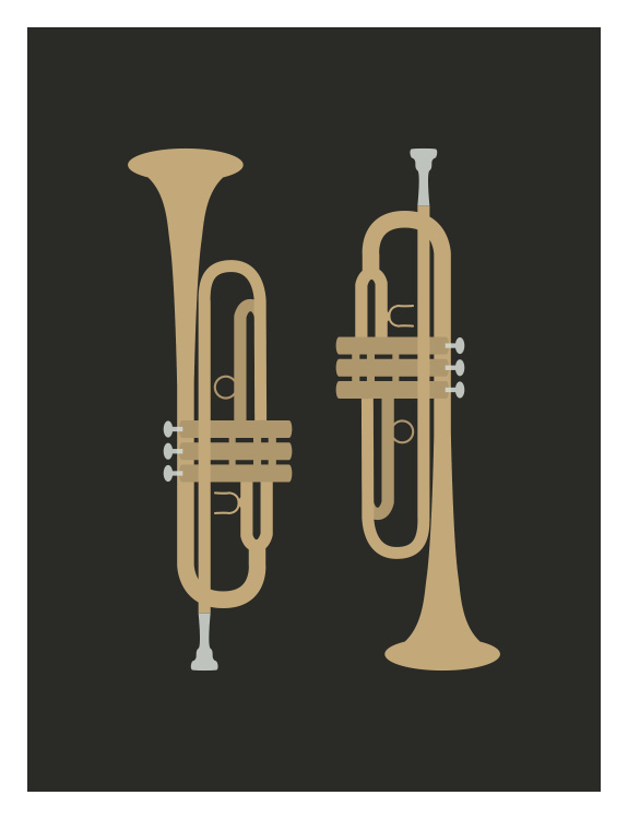 Celebrate the brilliance of brass instruments with Orchestra Trumpets Art Print, featuring a pair of elegantly illustrated trumpets in a clean, minimalist composition with a modern vintage aesthetic.