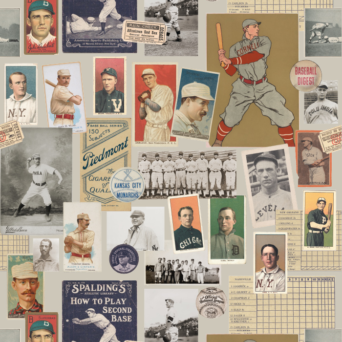 Baseball Collage Wallpaper celebrates America's pastime with a nostalgic collection of vintage baseball cards, antique player portraits, historic team photographs, scorecards, ticket stubs, and classic memorabilia arranged in an eye-catching collage.