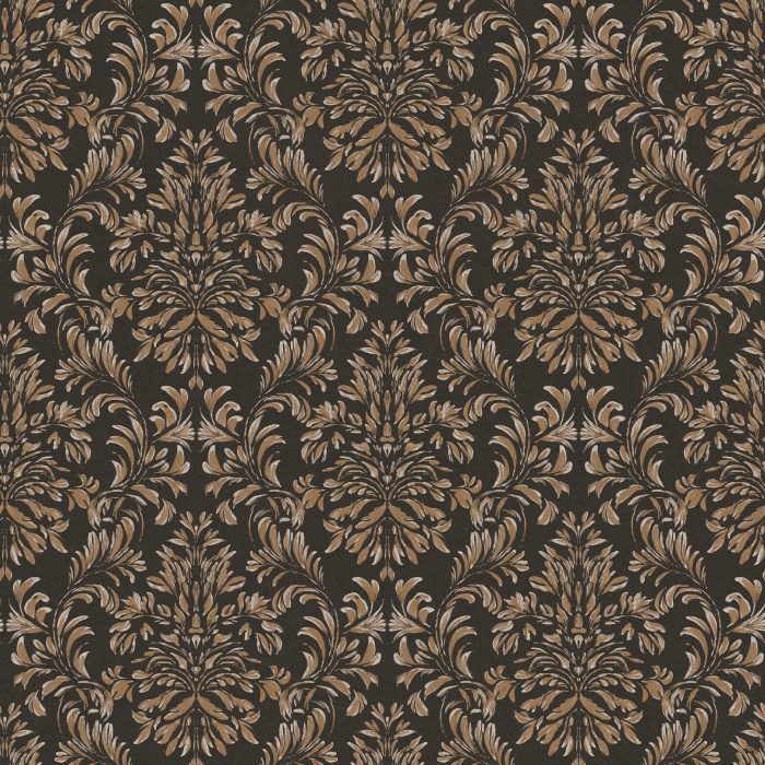 Obsidian Flora Wallpaper showcases an elegant vintage damask pattern with flowing botanical scrollwork, ornate acanthus leaves, and timeless floral motifs for a richly sophisticated look.