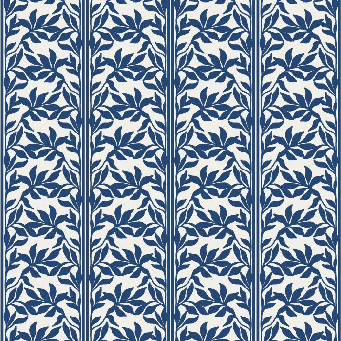 Dense Leaves Wallpaper features a refined allover leaf vine pattern with slender vertical botanical stripes, creating a timeless design inspired by classic Arts & Crafts textiles and traditional English garden motifs.