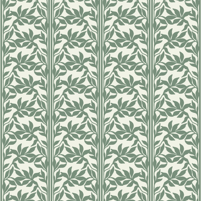 Dense Leaves Wallpaper features a refined allover leaf vine pattern with slender vertical botanical stripes, creating a timeless design inspired by classic Arts & Crafts textiles and traditional English garden motifs.