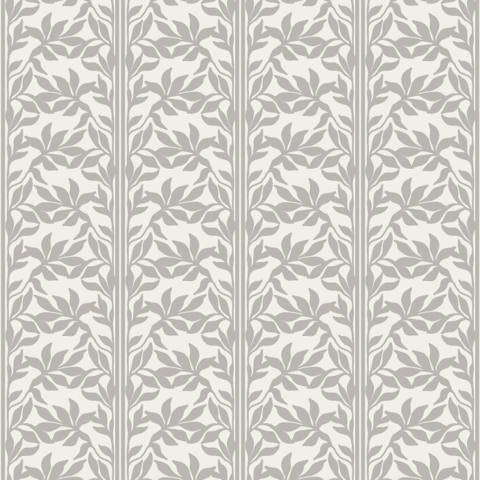 Dense Leaves Wallpaper features a refined allover leaf vine pattern with slender vertical botanical stripes, creating a timeless design inspired by classic Arts & Crafts textiles and traditional English garden motifs.