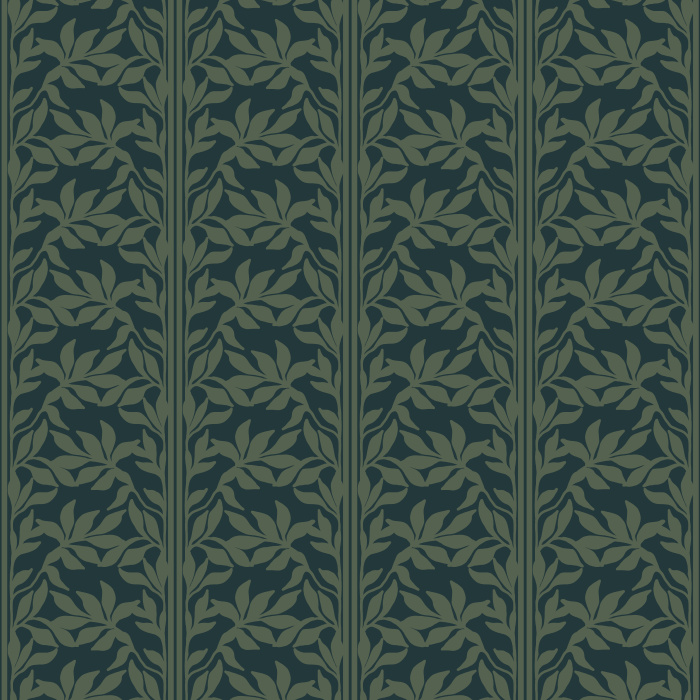 Dense Leaves Wallpaper features a refined allover leaf vine pattern with slender vertical botanical stripes, creating a timeless design inspired by classic Arts & Crafts textiles and traditional English garden motifs.