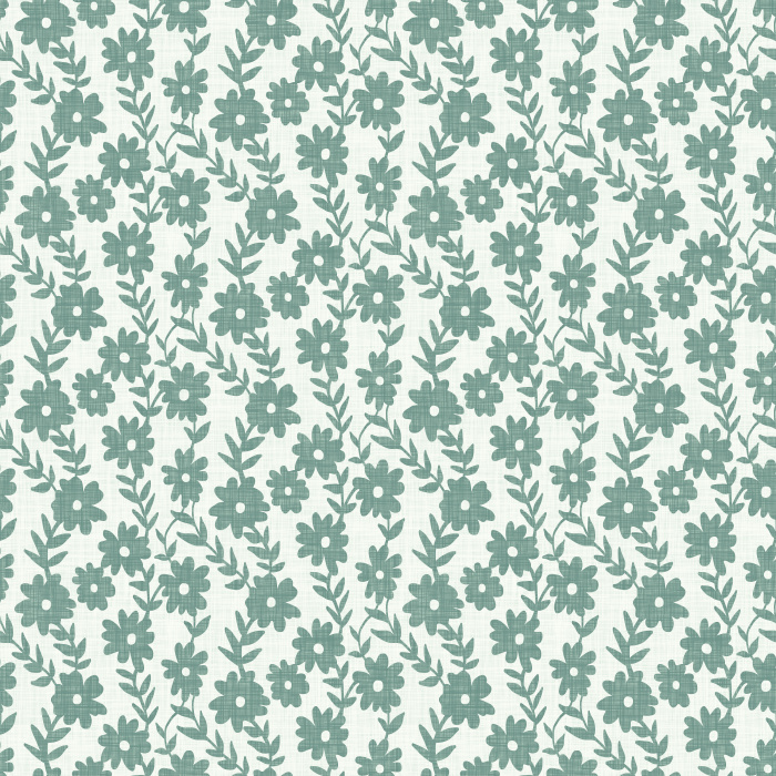 Folk Daisy Wallpaper brings cheerful vintage charm to your home with a whimsical pattern of stylized daisies and winding leafy vines inspired by Scandinavian folk art and retro botanical prints.