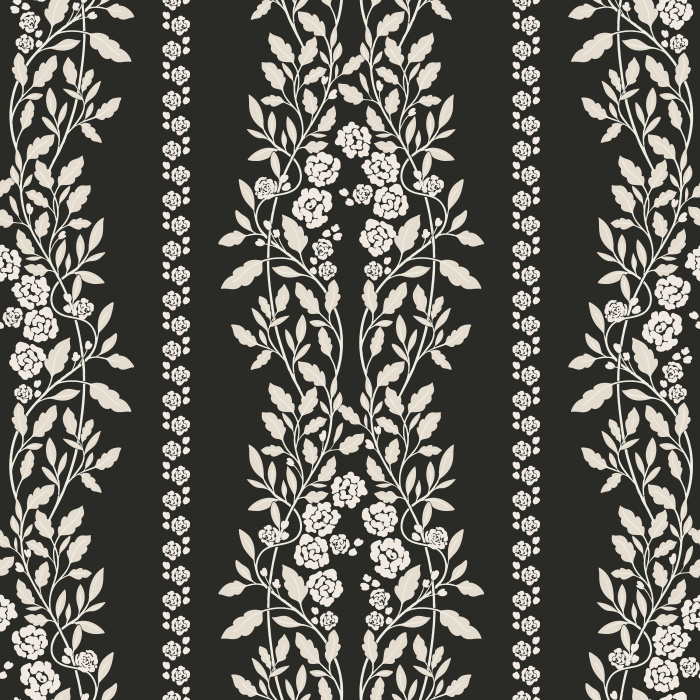 Twilight Garden Wallpaper features elegant vertical floral stripes with graceful climbing vines, blooming roses, and delicate botanical garlands inspired by vintage French textiles and English garden prints.