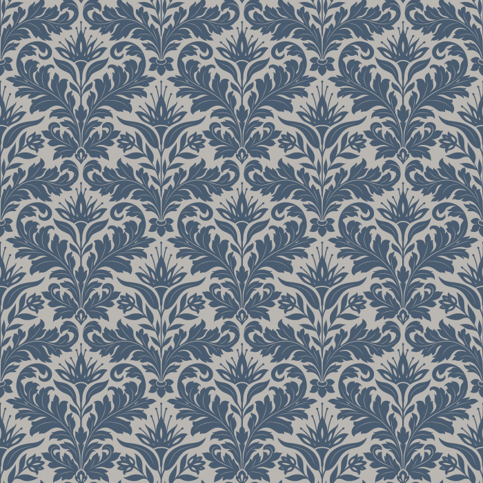 Antique Flourish Wallpaper features an elegant botanical damask pattern with graceful acanthus leaves, scrolling vines, and stylized floral motifs inspired by antique European textiles and historic wallpaper designs.