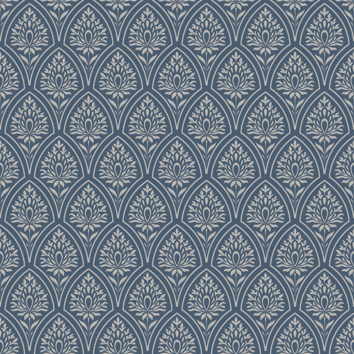 Classic Reverie Wallpaper features an elegant repeating fan motif framed within graceful ogee arches, inspired by Art Nouveau ornamentation, Gothic tracery, and timeless botanical design.