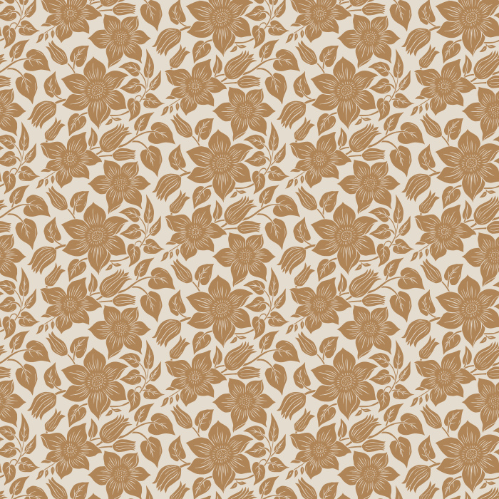 Block Bloom Wallpaper features a charming allover floral block print with stylized blossoms and leafy vines, creating a timeless botanical pattern inspired by traditional hand-printed textiles.