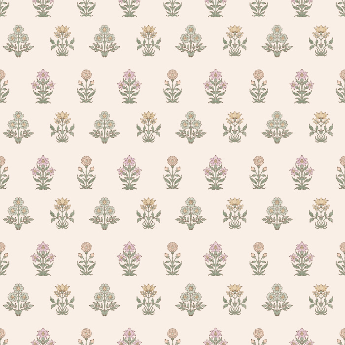 Regal Florets Wallpaper features an elegant arrangement of petite floral sprigs and ornamental botanical motifs inspired by traditional Indian block prints and vintage textile patterns.