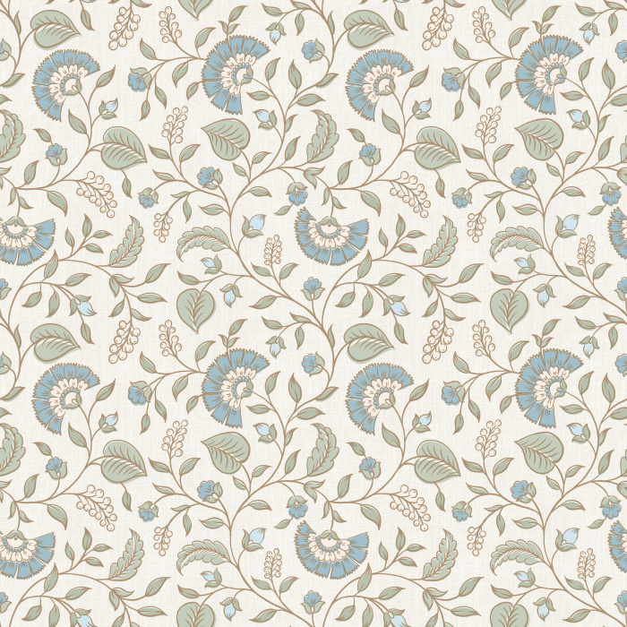 Floral Flourish Wallpaper features graceful scrolling vines adorned with delicate blue blossoms, leafy stems, and vintage-inspired florals that create an elegant botanical pattern with timeless appeal.