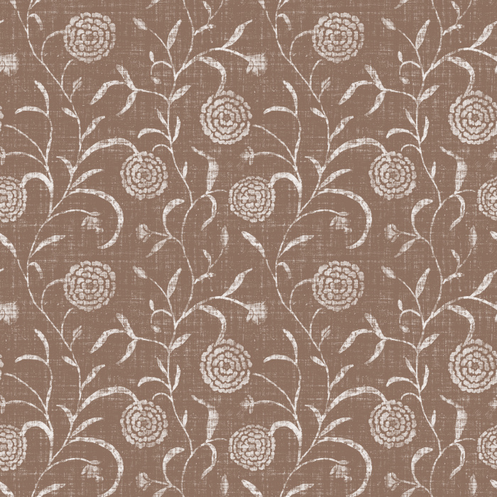 Trailing Blockprint Wallpaper features graceful climbing vines and stylized floral medallions inspired by traditional hand-carved block print textiles, layered over a softly distressed linen-look background.