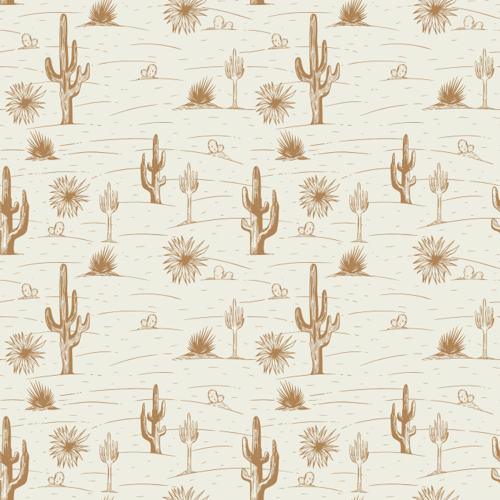 Rural Scenes Wallpaper captures the charm of the American Southwest with a hand-drawn desert landscape featuring scattered cacti, desert grasses, yucca plants, and rolling terrain in a timeless toile-inspired design.