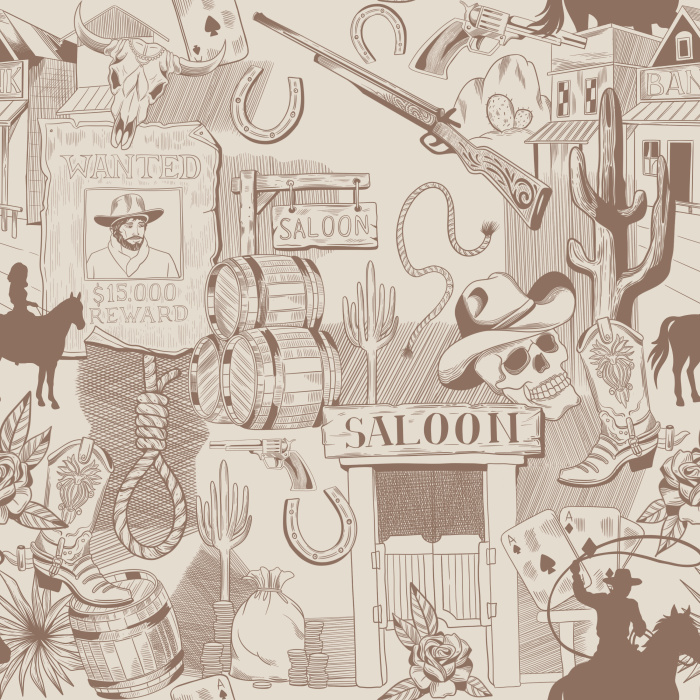 Western Toile Wallpaper reimagines classic toile with a playful Wild West scene featuring cowboys, saloons, horses, cacti, horseshoes, vintage signs, revolvers, and rustic frontier icons in an intricately illustrated repeat.