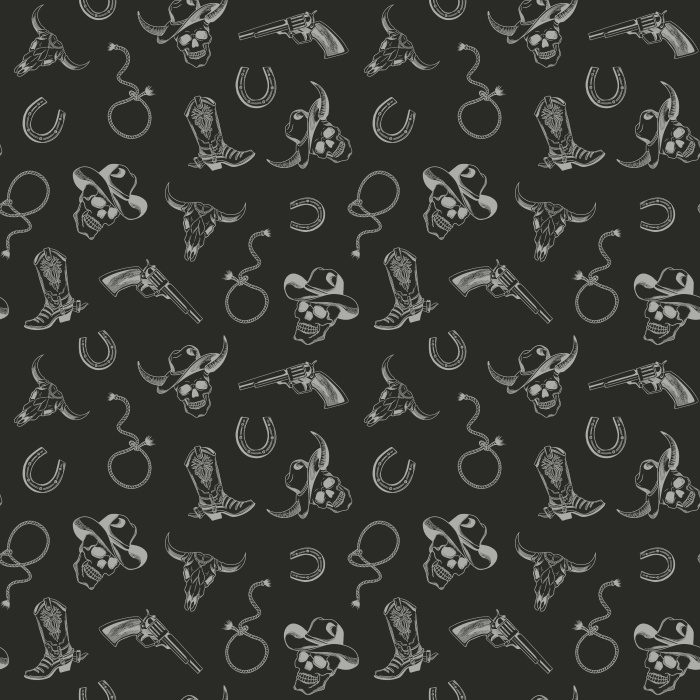 Ranch Icons Wallpaper showcases a bold western-inspired pattern featuring cowboy hats, boots, horseshoes, lassos, revolvers, longhorn skulls, and rope details arranged in a playful vintage repeat.