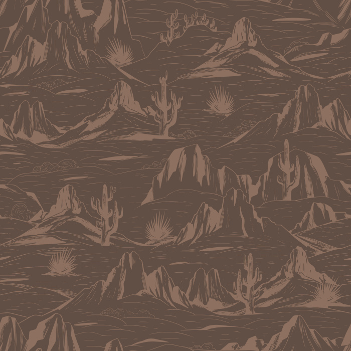 Open Range Wallpaper captures the rugged beauty of the American Southwest with an illustrated desert landscape featuring mesas, mountains, cacti, rolling plains, and sunbursts in a seamless western-inspired repeat.
