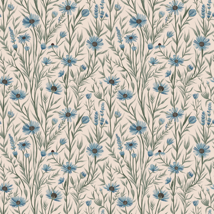 Silken Wildflower Wallpaper captures the graceful beauty of a blooming wildflower meadow with delicate blue blossoms, wispy greenery, and a soft hand-painted botanical aesthetic.