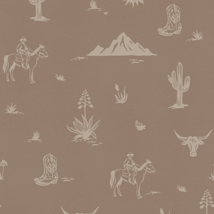 Range Scene Wallpaper celebrates the spirit of the American West with charming hand-drawn ranch icons including cowboys, longhorns, cacti, mountains, desert plants, and cowboy boots arranged in a clean conversational pattern.