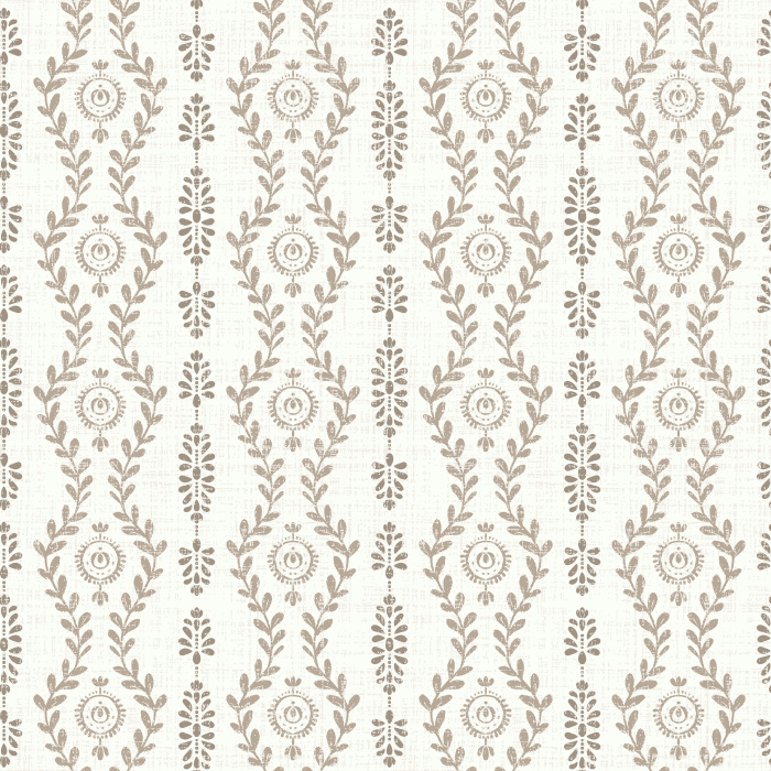 Distressed Vines Wallpaper features delicate trailing vines and petite floral medallions arranged in a timeless vertical stripe pattern, creating a softly weathered vintage aesthetic.