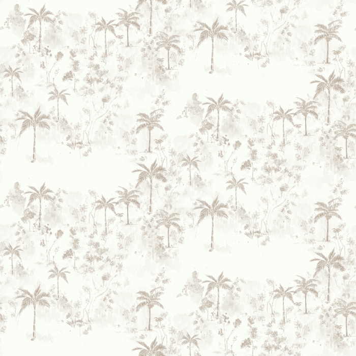Escape to a tranquil tropical retreat with Palm Tree Wallpaper, a beautifully illustrated toile wallpaper featuring graceful palm trees, lush botanical foliage, and layered island landscapes in a timeless scenic pattern.
