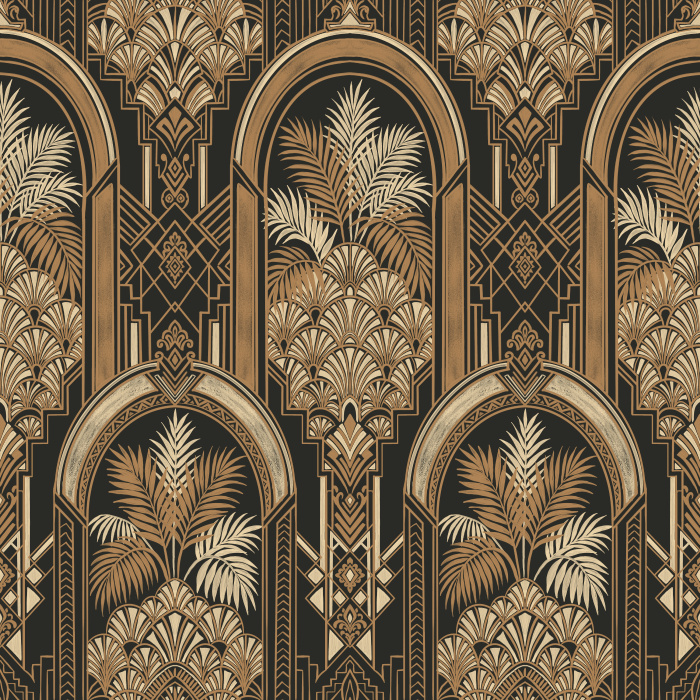 Bring timeless glamour to your walls with Royal Palms Wallpaper, an elegant Art Deco wallpaper featuring graceful palm fronds framed within ornate arched panels and intricate geometric detailing.