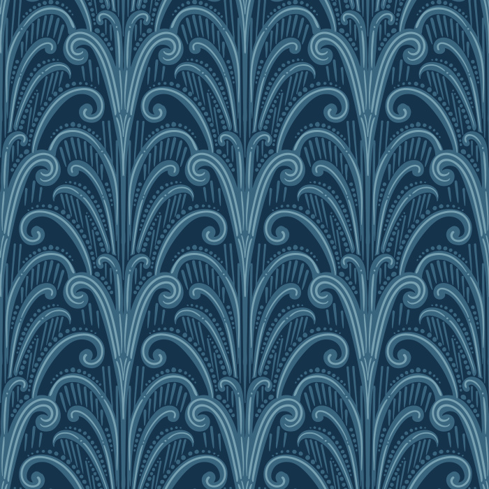 Elevate your space with Ornate Fountain Wallpaper, a luxurious Art Deco wallpaper featuring elegant fountain-inspired fan motifs, intricate scrollwork, and repeating geometric details.