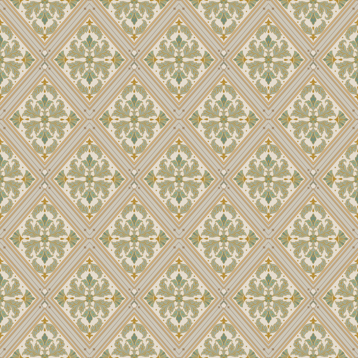 Add timeless elegance to your home with Luxe Frame Wallpaper, a sophisticated geometric wallpaper featuring ornate floral medallions framed within classic diamond motifs.