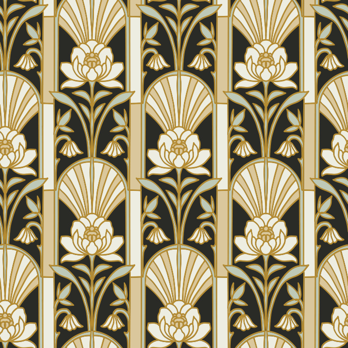 Elevate your interiors with Deco Blooms Wallpaper, an elegant Art Deco floral wallpaper featuring graceful lotus blooms, fan motifs, and bold vertical geometric stripes inspired by the glamour of the 1920s.