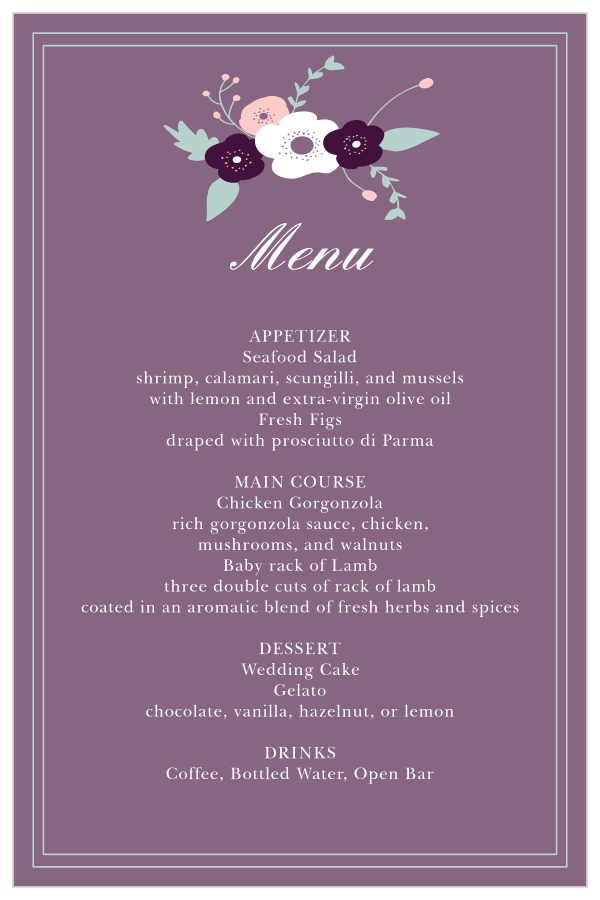Impress your guests with the simple yet elegant and bold look of our Fantastically Floral wedding menu.