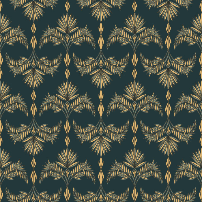Bring vintage botanical style to your space with Deco Frond Wallpaper, featuring a repeating arrangement of elegant palm fronds and geometric details.