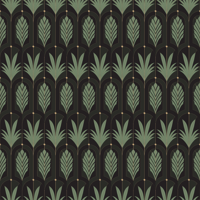 Geometric Ferns Wallpaper features a sophisticated repeating botanical motif with stylized fern fronds framed by tall geometric arches for an elegant Art Deco look.
