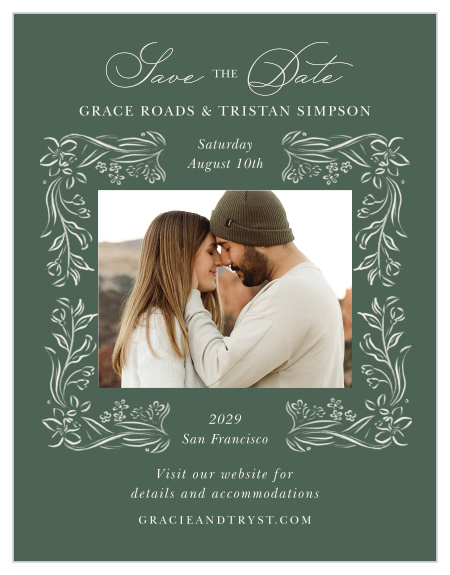 Spring Parkway Save the Date Magnets combine romantic floral line art, elegant script typography, and a favorite engagement photo for a timeless introduction to your wedding celebration.