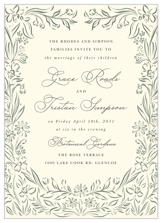 Spring Parkway Wedding Invitations feature a romantic hand-drawn floral border paired with graceful script lettering for an elegant, garden-inspired wedding stationery design.