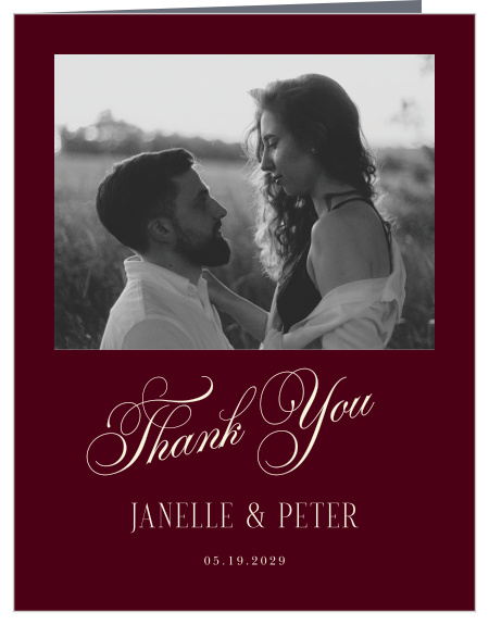 Dark Romance Wedding Arch Thank You Cards pair a favorite wedding photo with dramatic color, ornate calligraphy, and refined typography for an elegant expression of gratitude.