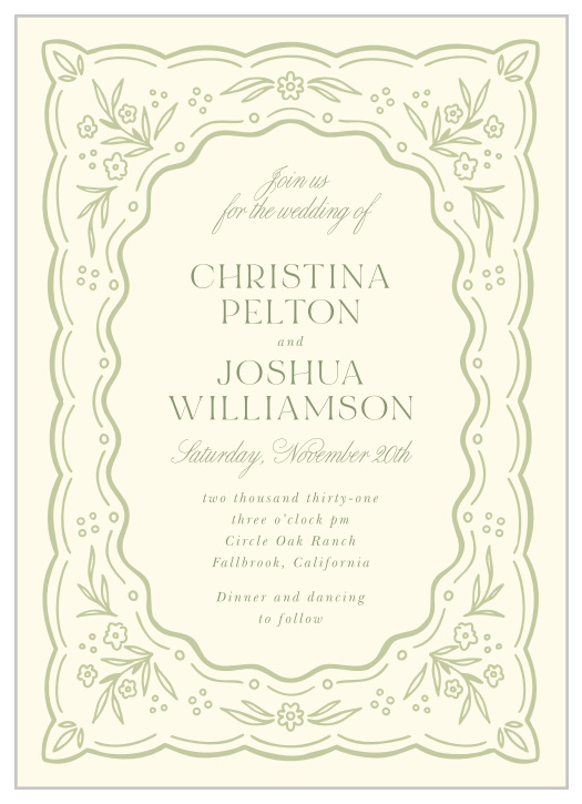 Perennial Frame Wedding Invitations feature delicate floral illustrations, a scalloped border, and elegant typography for a romantic garden-inspired wedding design.