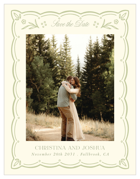 Perennial Frame Save the Date Magnets feature a favorite engagement photo, delicate floral details, and a scalloped border for a romantic wedding announcement.