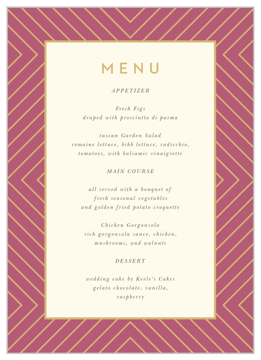 Let family and friends know what delicious dishes will be served at your reception with our Geometric Perfection Wedding Menus.