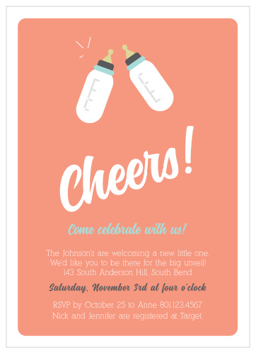 Help celebrate the great news with the Cheers Bottles baby shower invitation. 