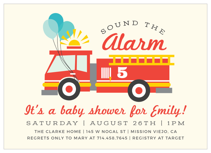 The Fire Truck baby shower invitation is the perfect design for a future firefighter.