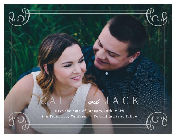 Show off your engagement photo, while announcing the same news, with our Victorian Frame Save the Date Cards!