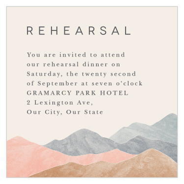 Our Mystic Mountains Rehearsal Cards gather family and friends together the night before your wedding to practice.
