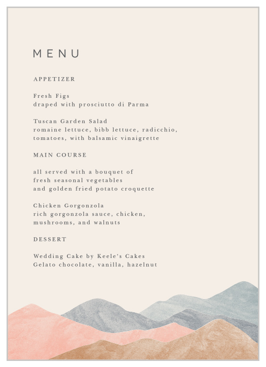 Our Mystic Mountains Wedding Menus describe the delicious dishes that will be served at your reception to your guests.