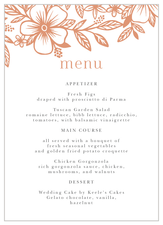 Describe every delicious food that will be served at your reception to family and friends with our Floral Whimsy Wedding Menus.