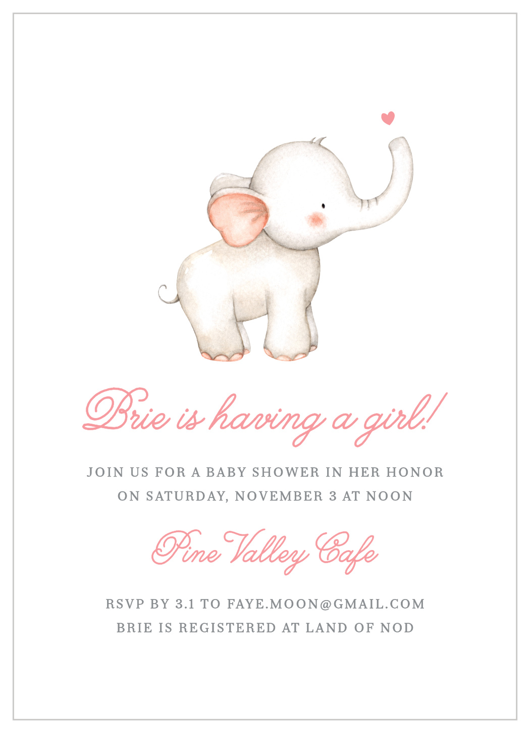 Elephant Heart Baby Shower Invitations