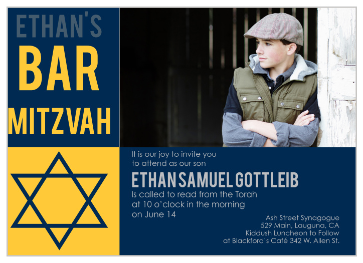 The Sectioned Perfection Bar Mitzvah invitations are a completely customizable card with instant previews of every change.