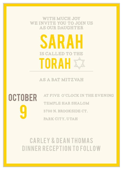 The Simply Bordered Bat Mitzvah Invitation is a classy, basic card, with plenty of room to add all of the information you need, while still impressing and getting your guests excited.